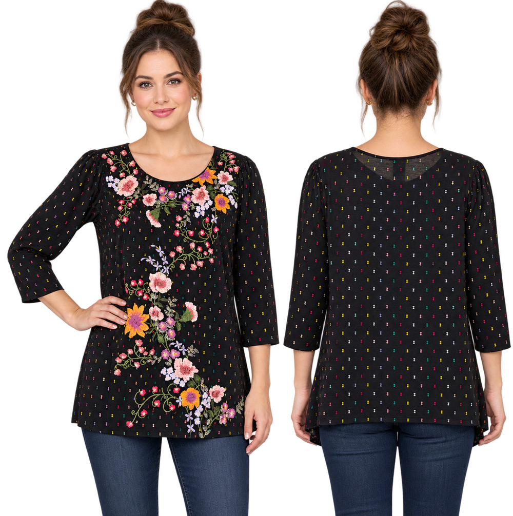 One September Anthropologie Womens L Black Floral Embroidered Boho Top Peasant